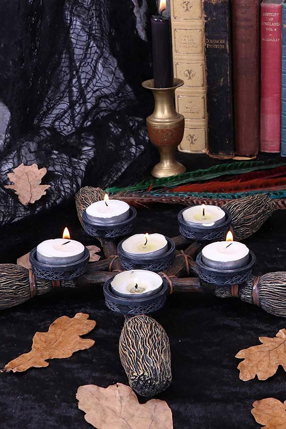 Broomstick Pentagram Tea Light Candle Holder