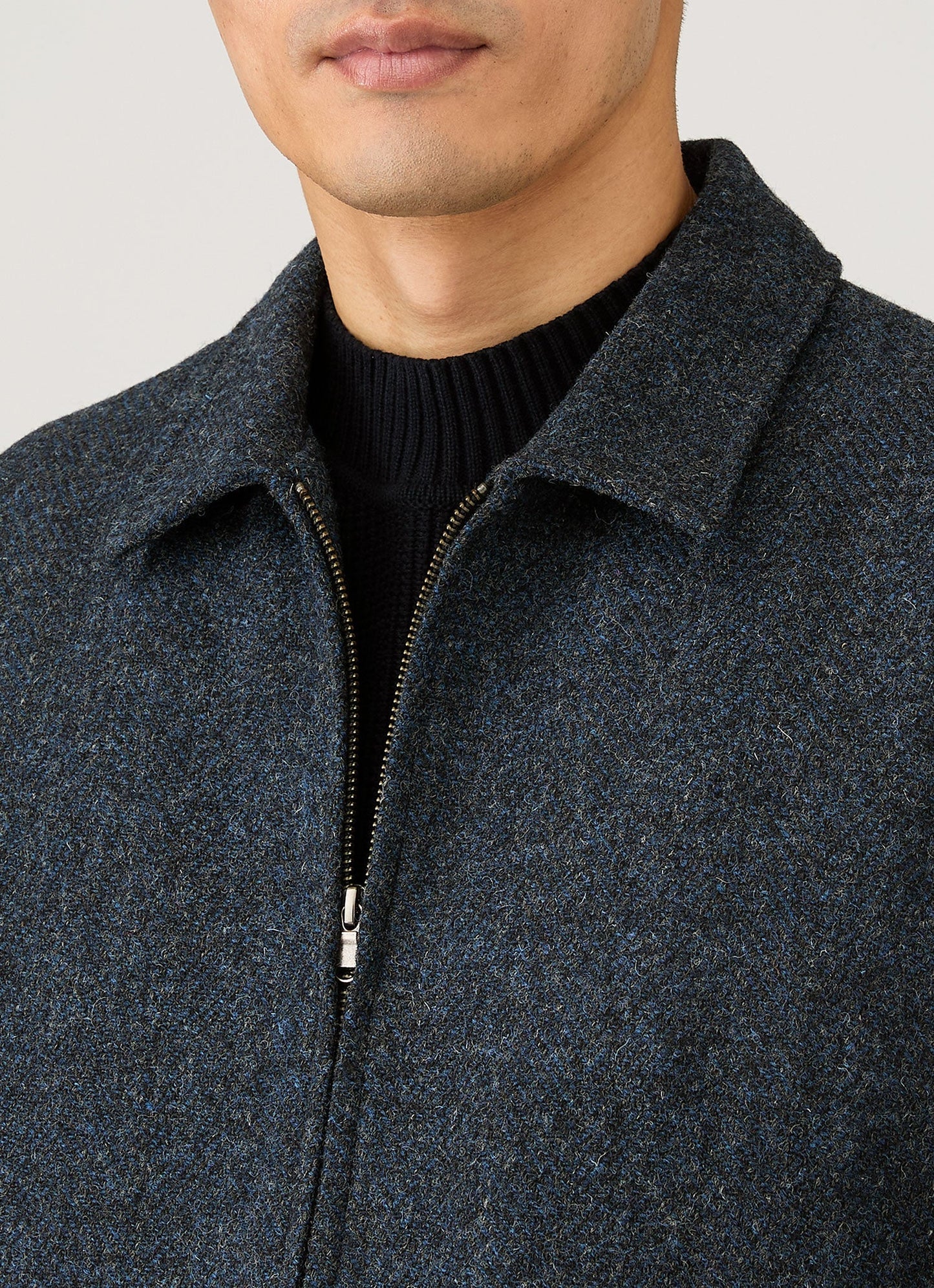 Mens Harris Tweed Harrington Jacket In Blue Herringbone Mjac7083H Buvr