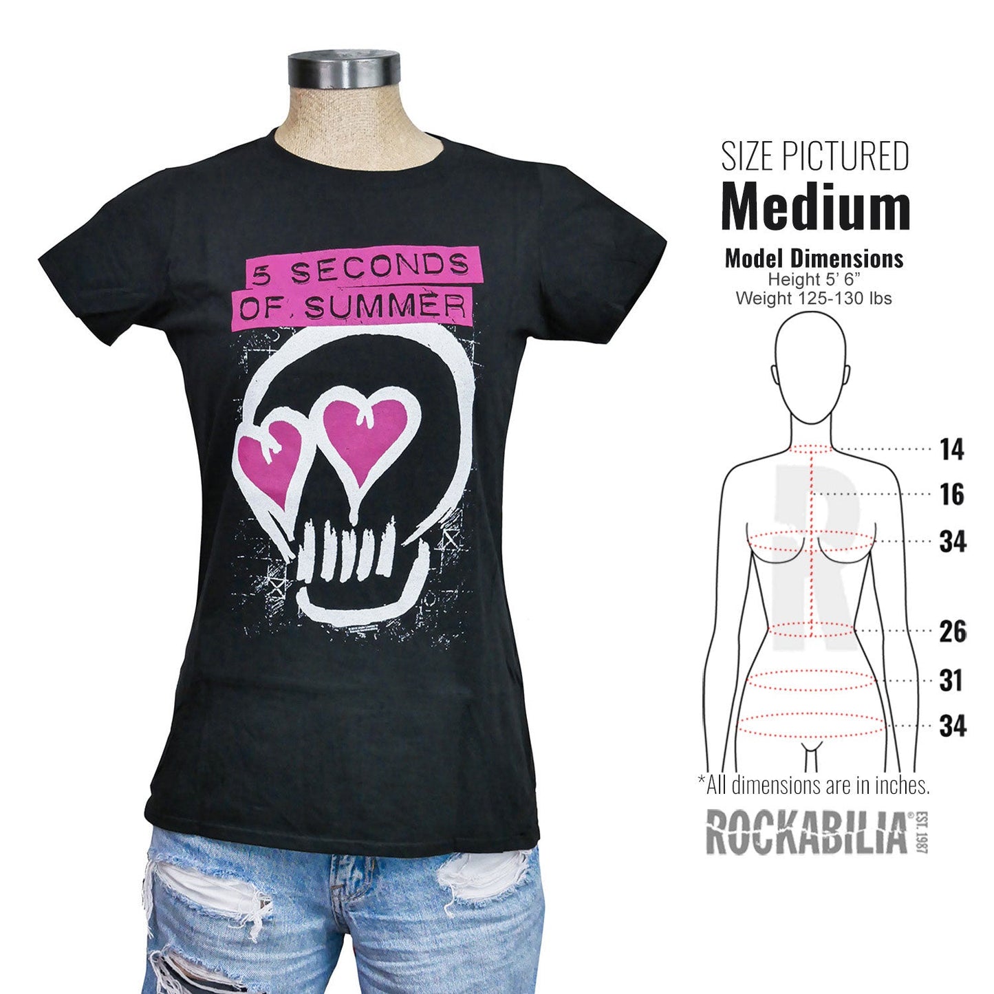 5 Seconds Of Summer Heart Skull Pink Junior Top
