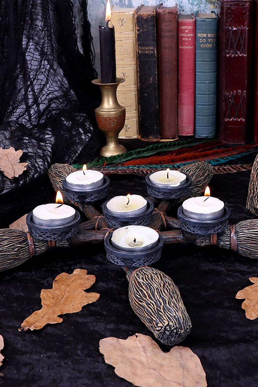 Broomstick Pentagram Tea Light Candle Holder