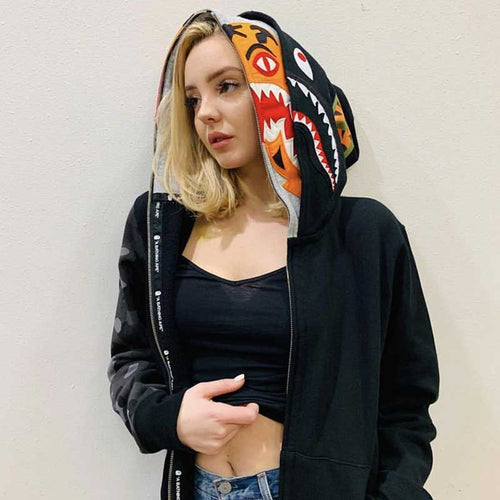 Bathing Ape Tiger Head Shark Double Hood Sweater Camouflage Hoodie Thin Velvet Terry Hooded Sweater