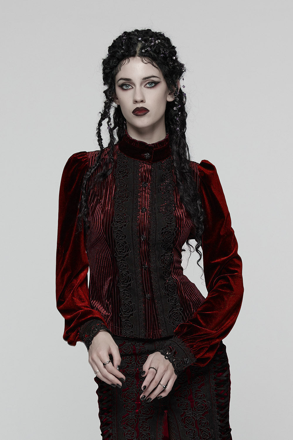 Crimson Bloom Embroidered Button-Up Top [Red]