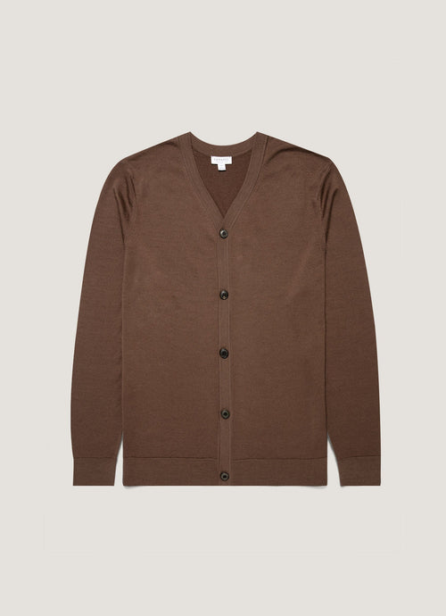 Mens Extra Fine Merino Cardigan In Bark Mcar8223 Brgc