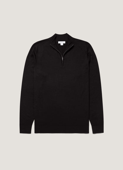 Mens Fine Merino Wool Zip Neck In Black