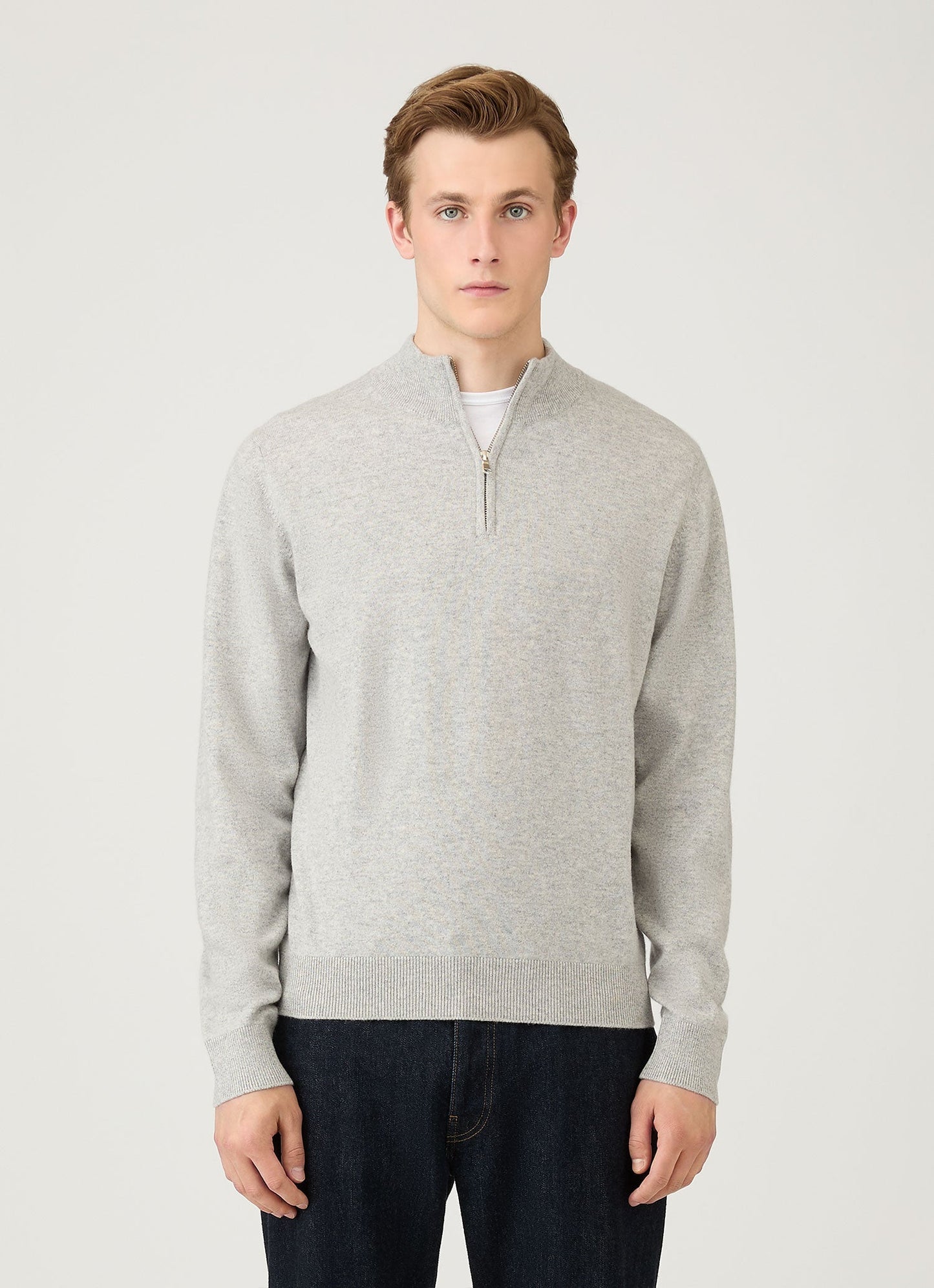 Mens Cashmere Zip Neck Jumper In Grey Melange