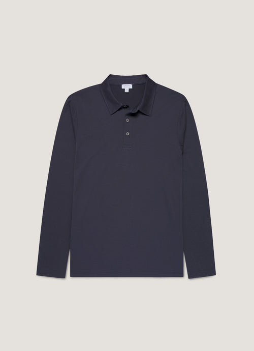 Mens Cotton Jersey Long Sleeve Polo Shirt In Navy 1