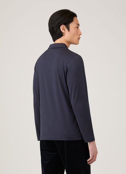 Mens Cotton Jersey Long Sleeve Polo Shirt In Navy 1