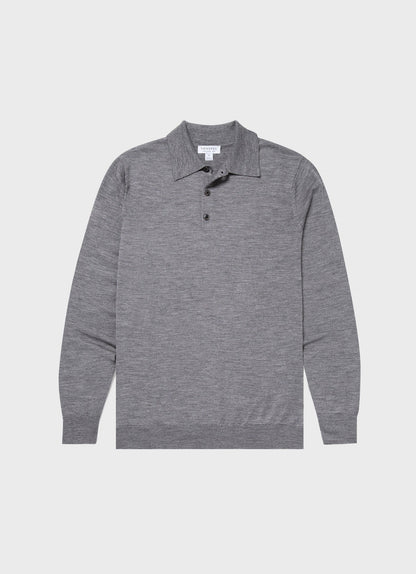 Mens Fine Merino Wool Polo Shirt In Mid Grey Melange