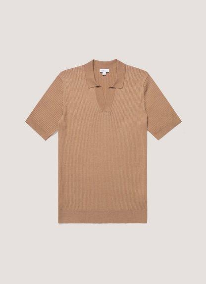 Mens Fine Rib Silk Cotton Polo Shirt In Dune Mpol8241 Brfz