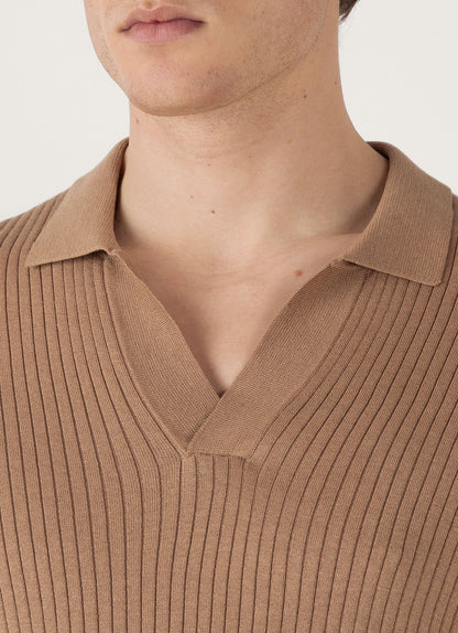 Mens Fine Rib Silk Cotton Polo Shirt In Dune Mpol8241 Brfz