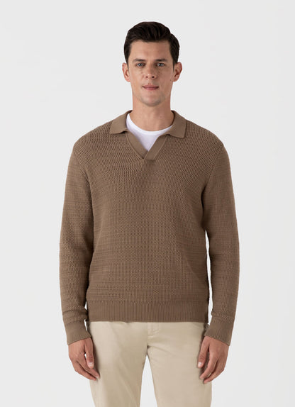 Mens Long Sleeve Textured Cotton Polo Shirt In Dark Stone Mpol8277 Whdc