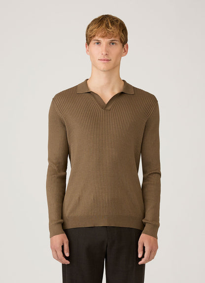 Mens Long Sleeve Fine Rib Silk Cotton Polo Shirt In Dark Cedar Mpol8298 Brgr