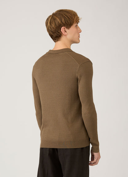 Mens Long Sleeve Fine Rib Silk Cotton Polo Shirt In Dark Cedar Mpol8298 Brgr