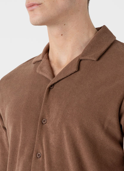 Mens Towelling Camp Collar Shirt In Dark Sand Msht1571 Brey