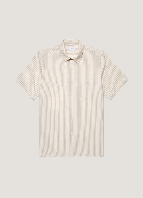 Mens Short Sleeve Vintage Stripe Shirt In Vintage Blue Ecru Msht2111 Stni