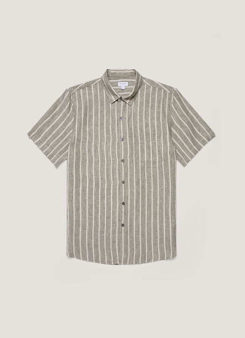 Mens Short Sleeve Linen Shirt In Dusk Green Ecru Msht2119 Stno