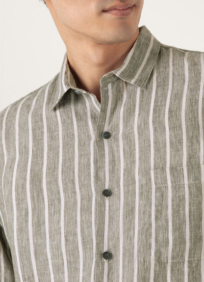 Mens Short Sleeve Linen Shirt In Dusk Green Ecru Msht2119 Stno