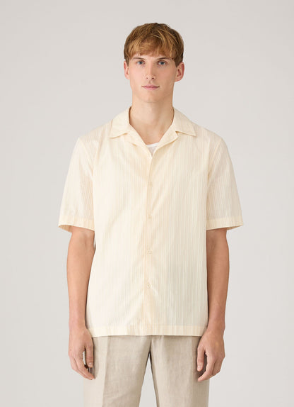 Mens Textured Stripe Camp Collar Shirt In Ecru Msht2151 Whcr