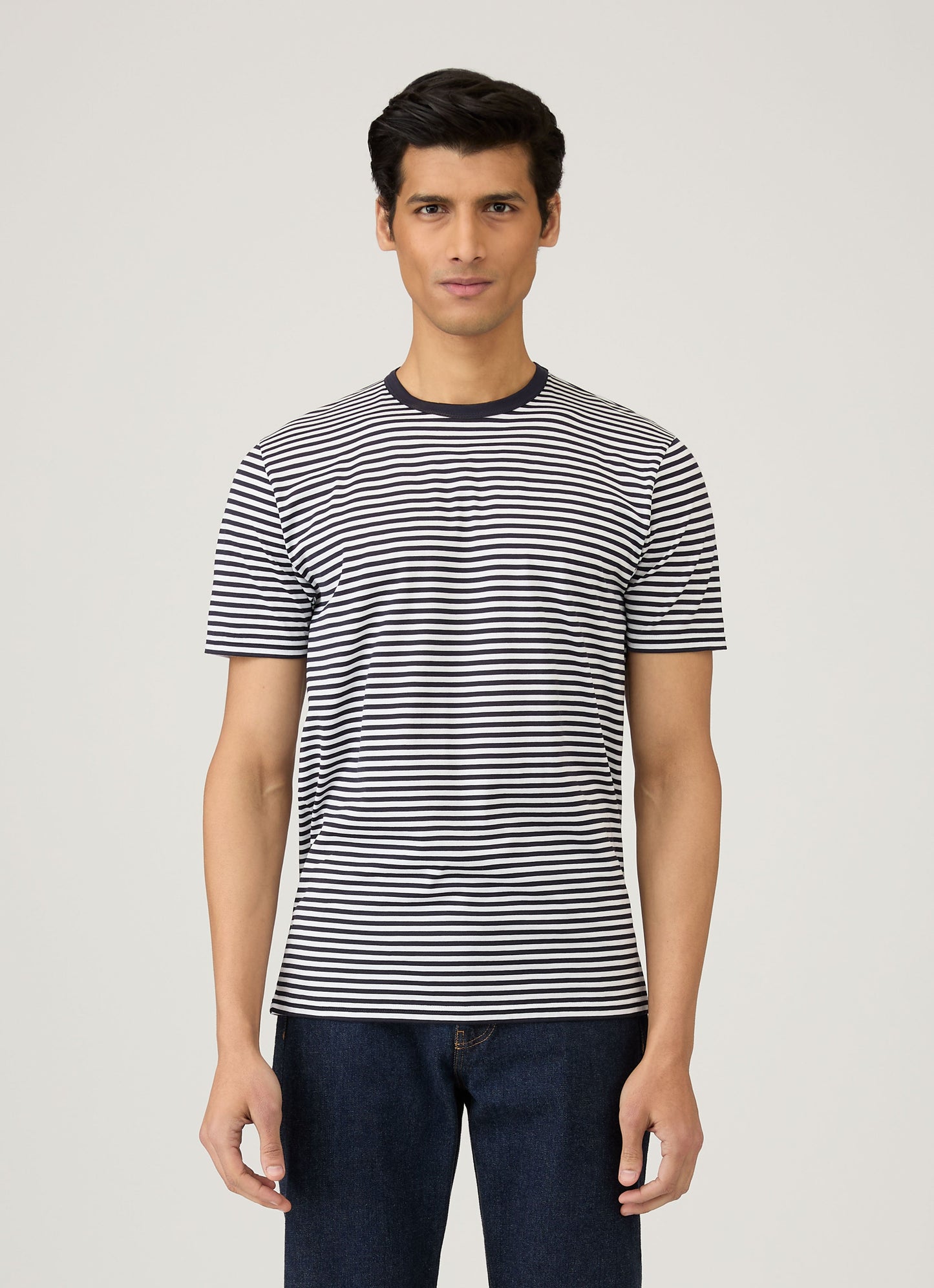 Mens Long Staple Cotton T Shirt English Stripe Navy White Jmtsh0001Es Staa