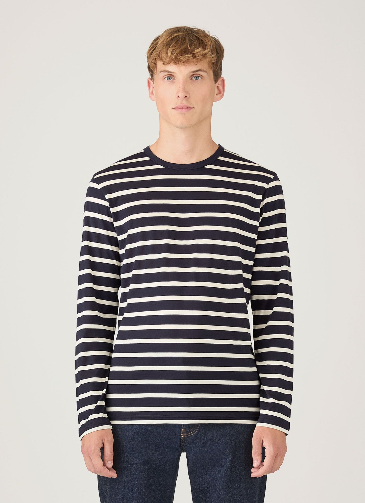 Mens Long Sleeve Classic Tshirt In Navy Ecru Breton Stripe Mtsh0003Brs Stdz