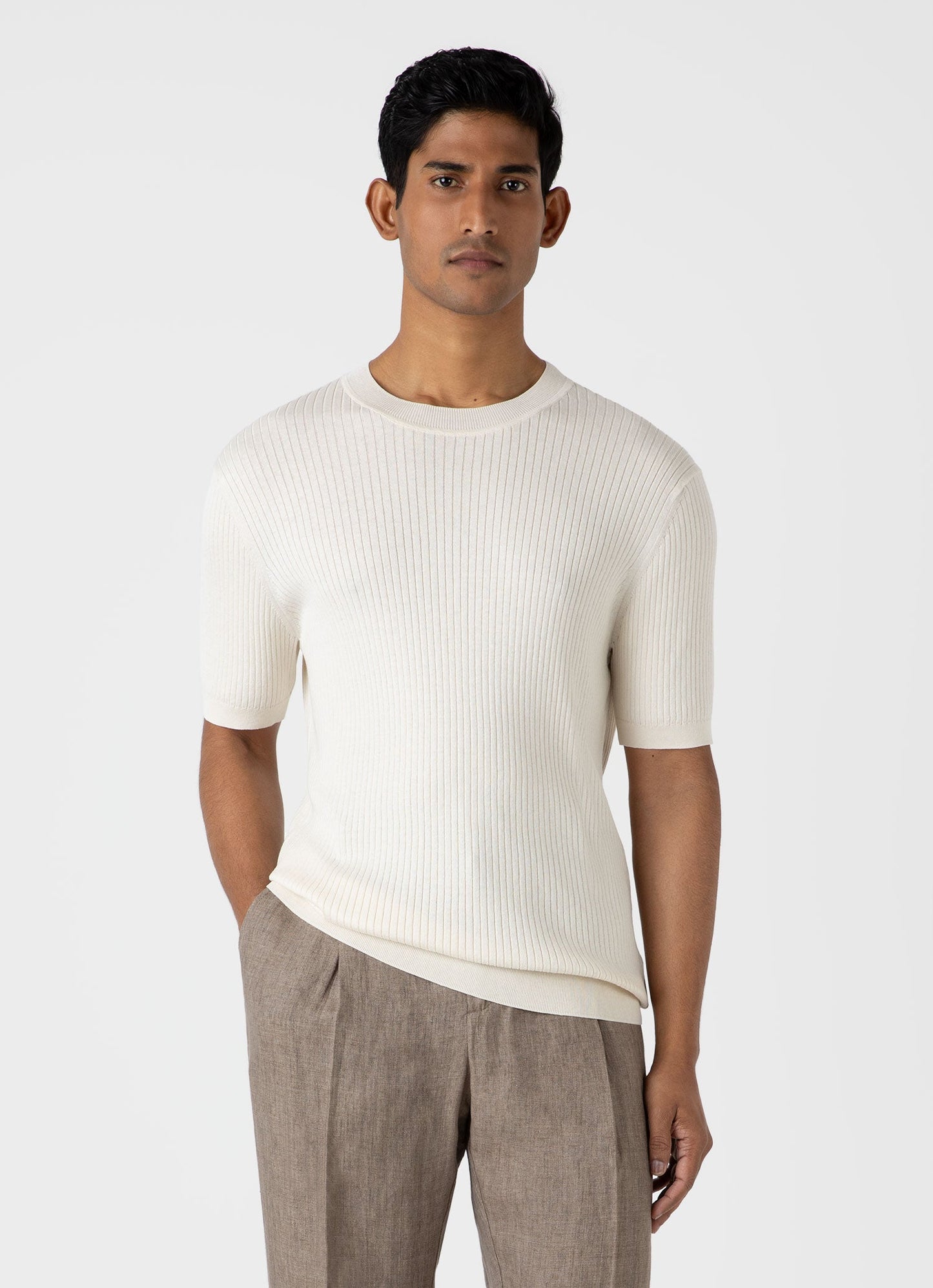 Mens Fine Rib Silk Cotton Tshirt In Ecru Mtsh8240 Whcr