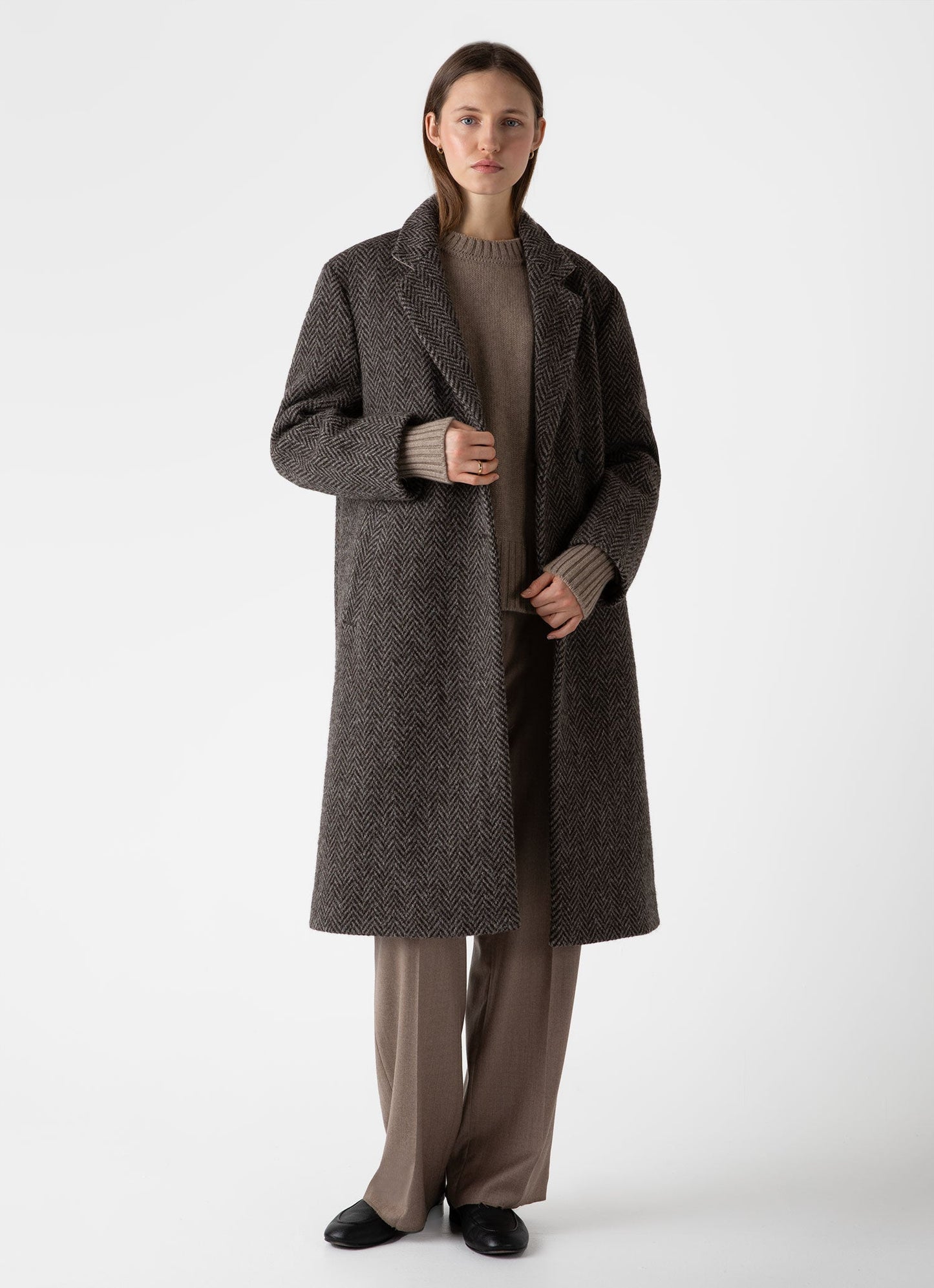 Womens British Wool Coat In Brown Herringbone Wcoa7314U Brel