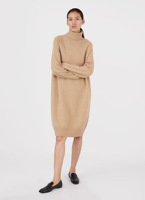 Womens Lambswool Roll Neck Dresses Light Camel