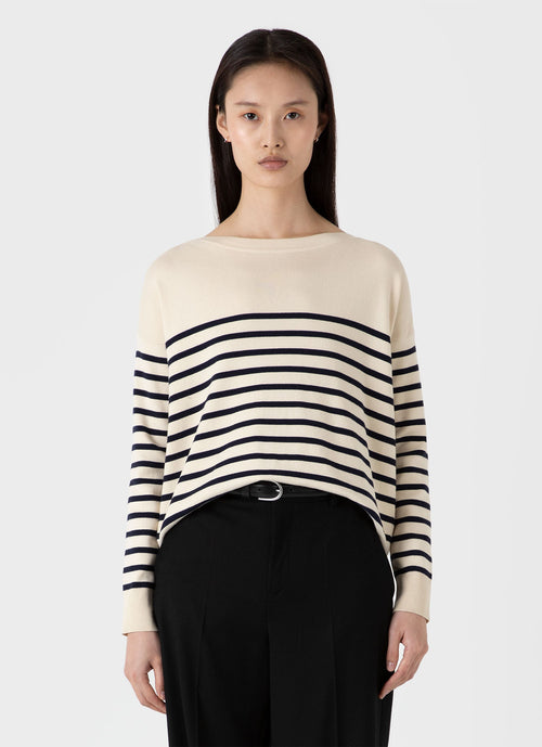 Womens Cotton Breton Stripe Jumper In Ecru Navy