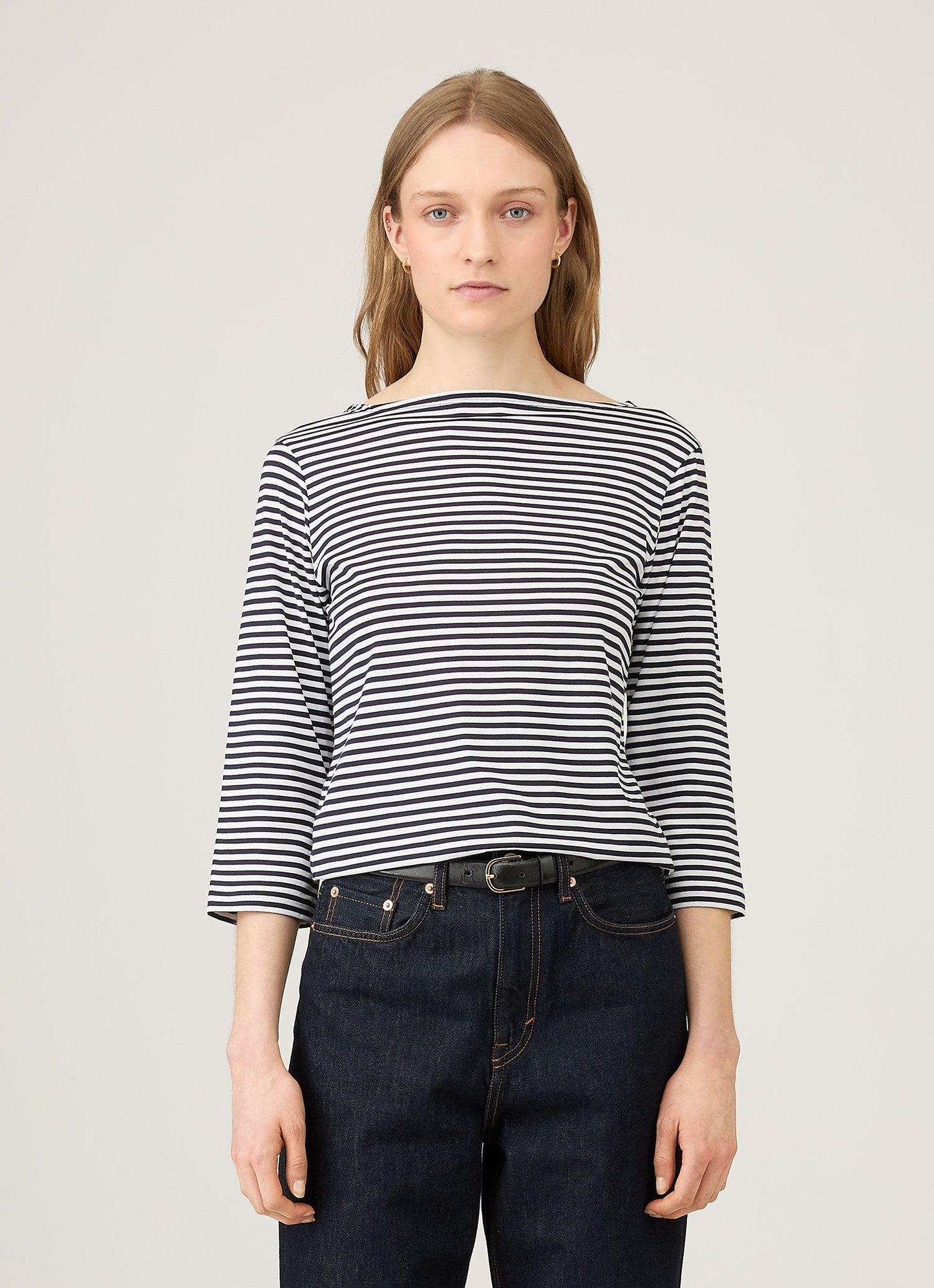 Womens Long Staple Cotton Boat Neck T Shirt In White Navy Stripe Wtsh0003Es