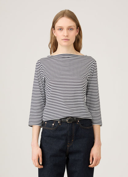 Womens Long Staple Cotton Boat Neck T Shirt In White Navy Stripe Wtsh0003Es